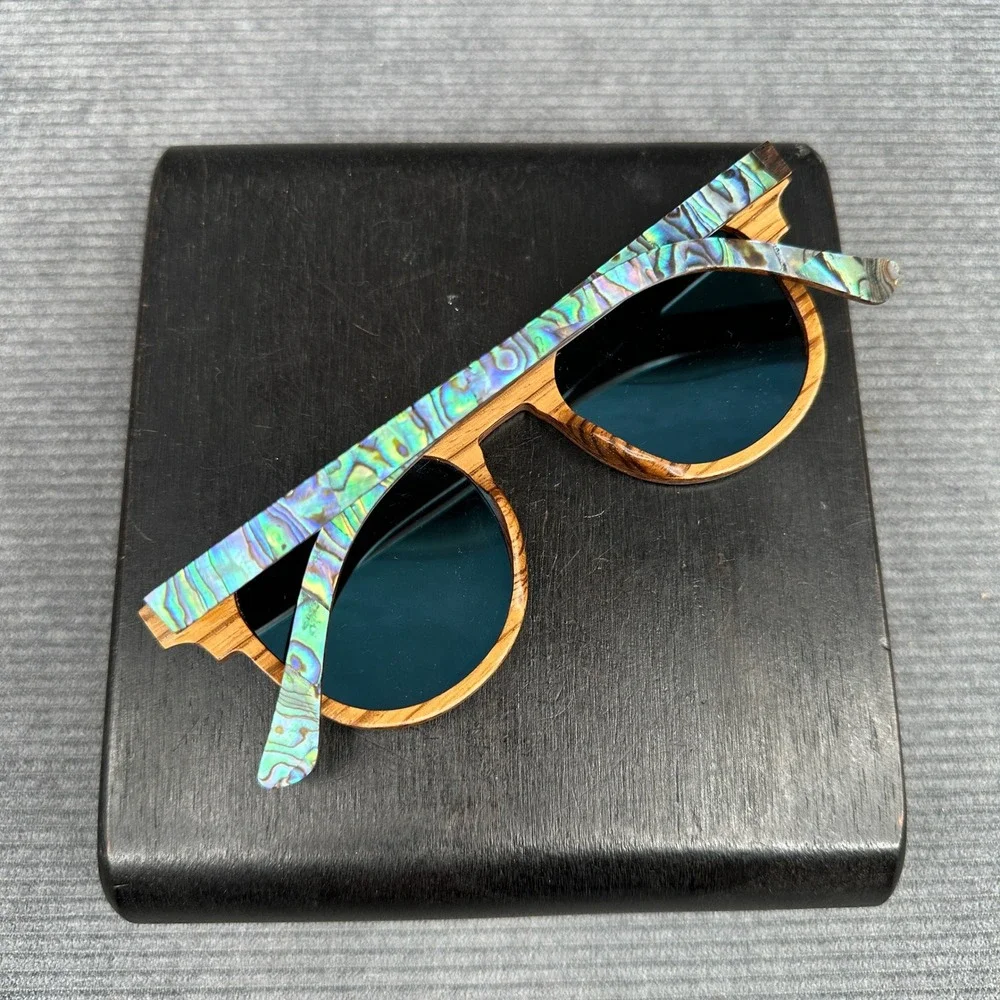 Soul California Wood Abalone Shell Sunglasses Blue Mirrored Lens Boho Wayfarer